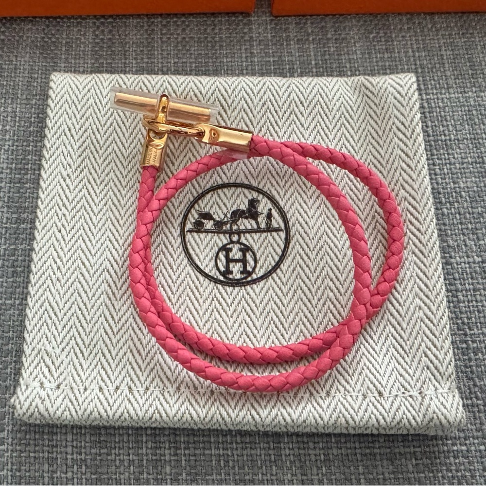 Hermes Glenan Double Tour Bracelet Rose Azalee with Rose Gold Hardware size t1